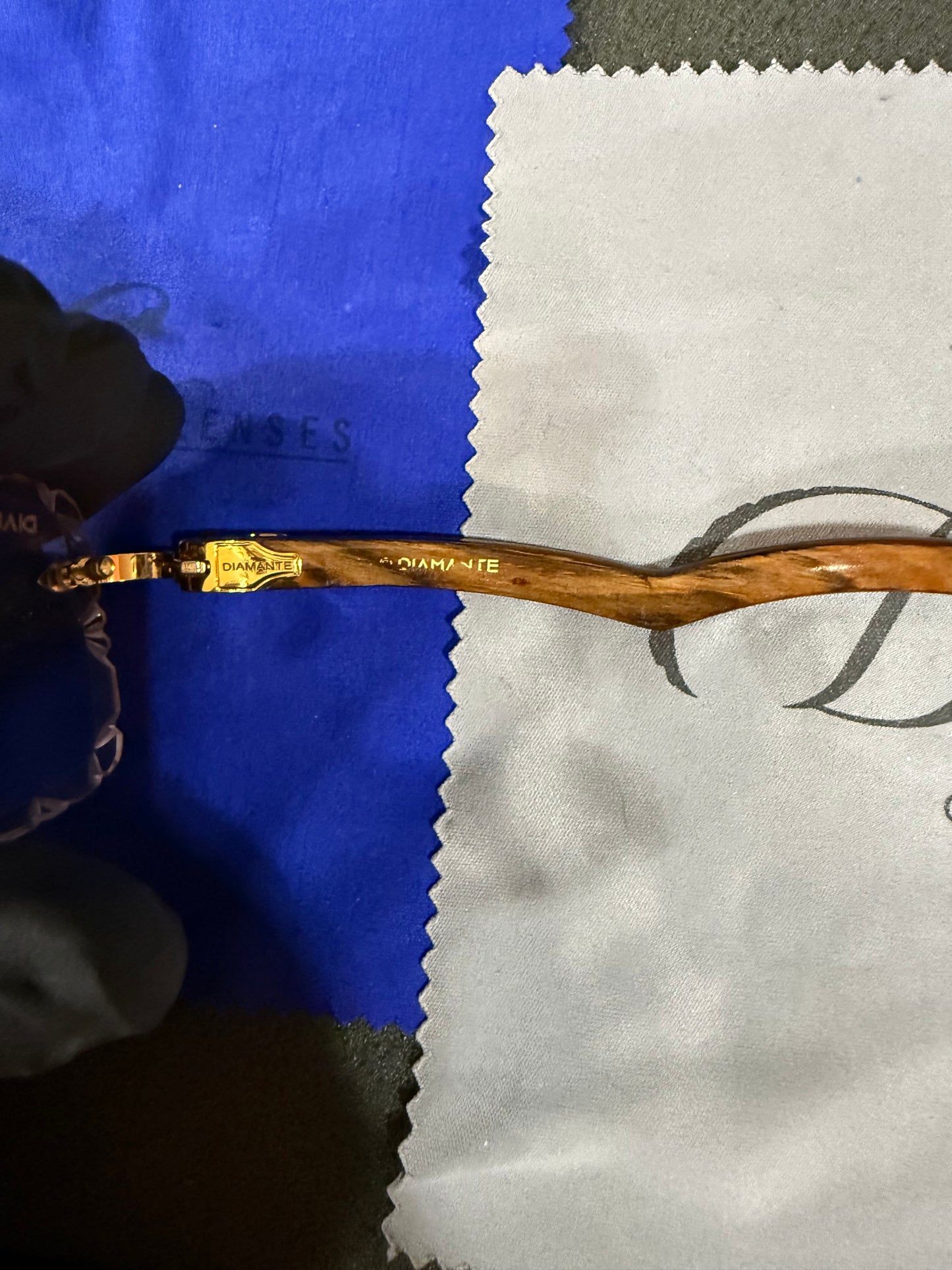 Diamante Rimless Glasses With A Gold & Cherry Faux Wood Grain Paint Preowned Comes With Red Box / Custom Lenses With Prescription In Them & Engrave