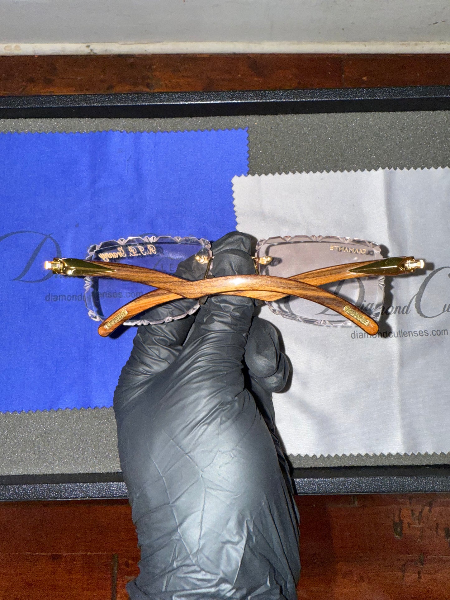 Diamante Rimless Glasses With A Gold & Cherry Faux Wood Grain Paint Preowned Comes With Red Box / Custom Lenses With Prescription In Them & Engrave