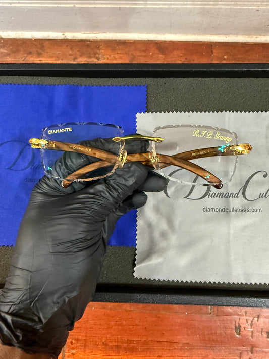 Diamante Rimless Glasses With A Gold & Cherry Faux Wood Grain Paint Preowned Comes With Red Box / Custom Lenses With Prescription In Them & Engrave