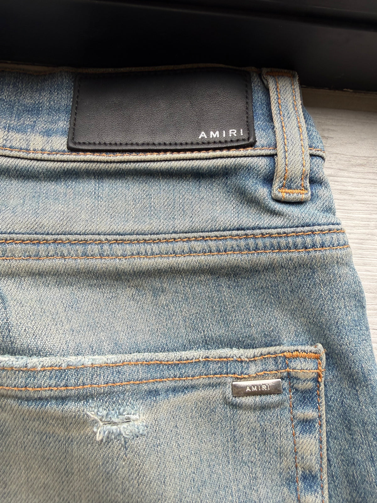 Amiri leopard thrasher jeans ‘clay/indigo’