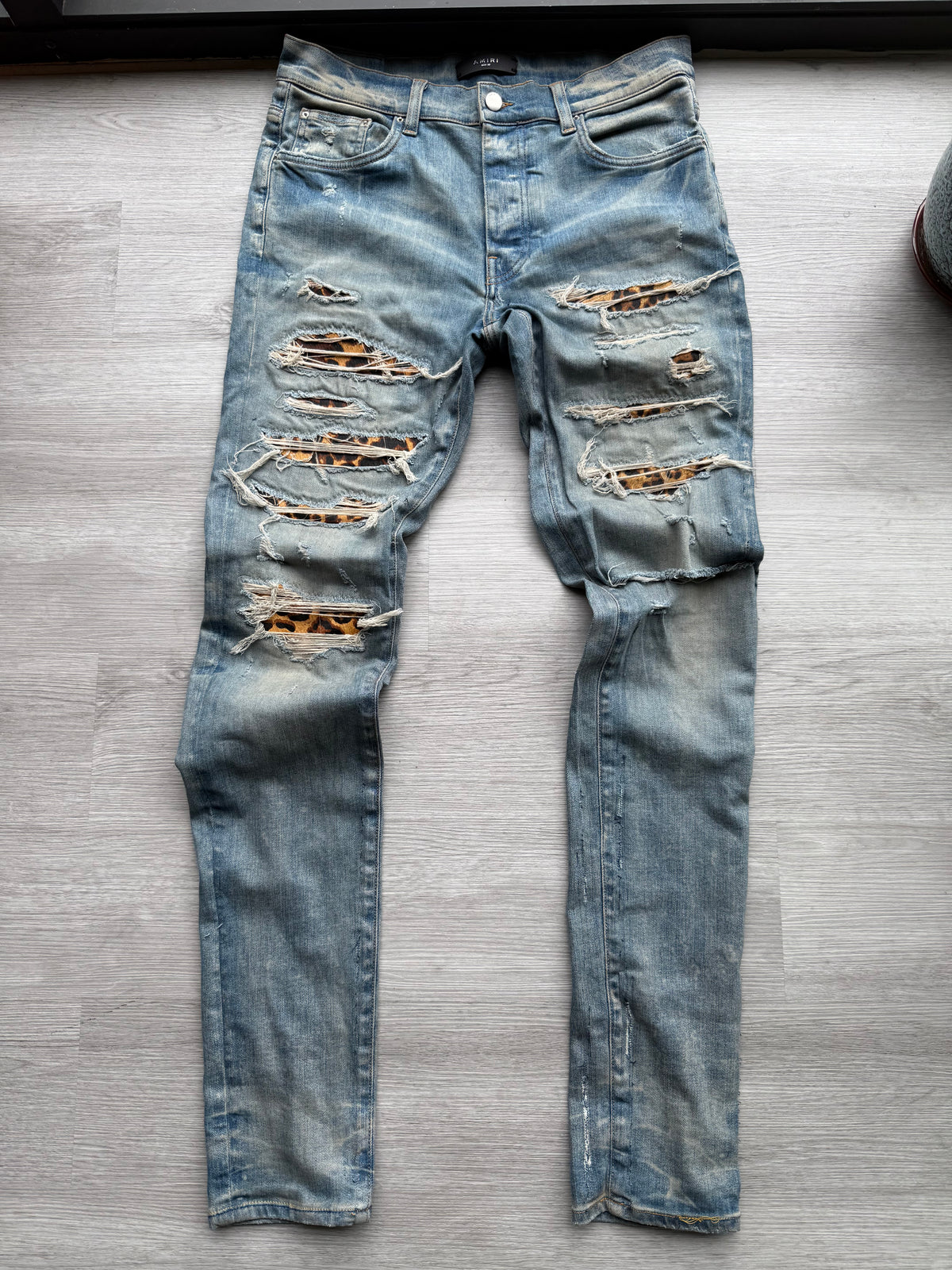 Amiri leopard thrasher jeans ‘clay/indigo’