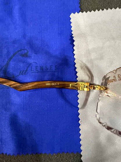 Diamante Rimless Glasses With A Gold & Cherry Faux Wood Grain Paint Preowned Comes With Red Box / Custom Lenses With Prescription In Them & Engrave