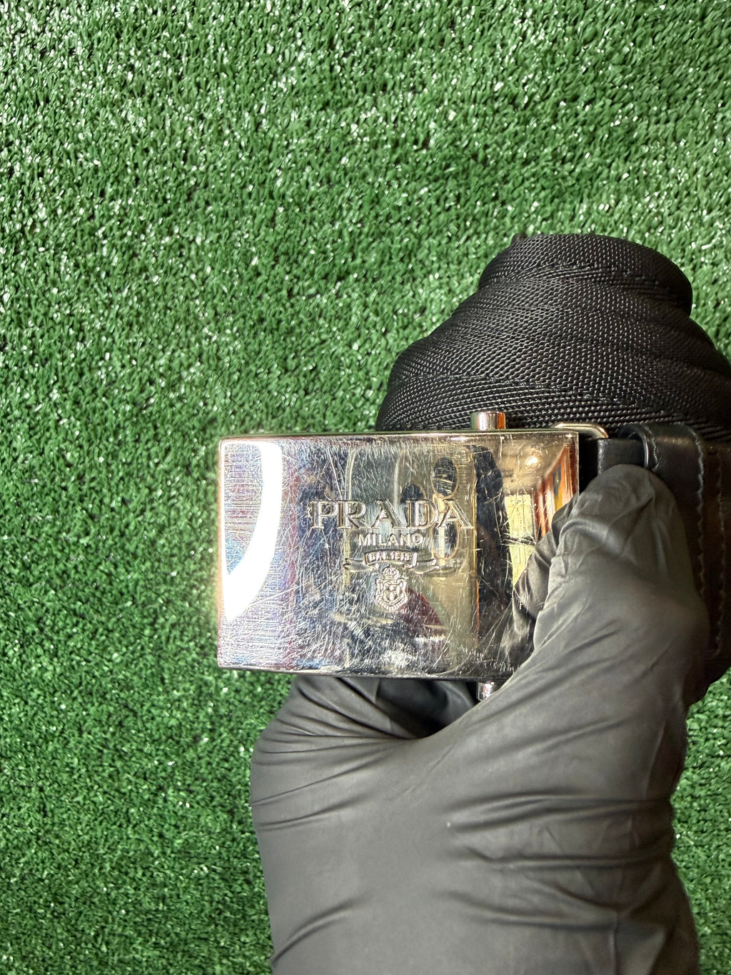 Prada silver-tone metal logo buckle