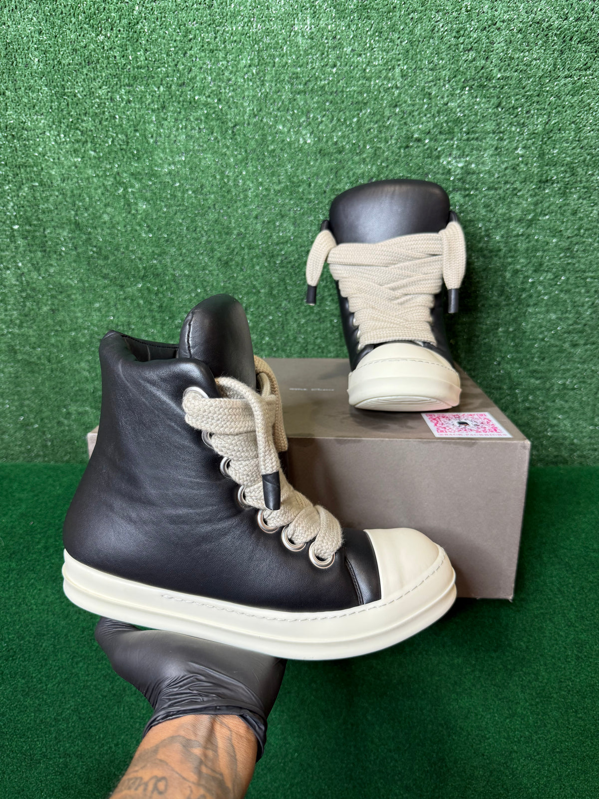 Rick OWENS jumbo lace padded sneaks ‘black milk’