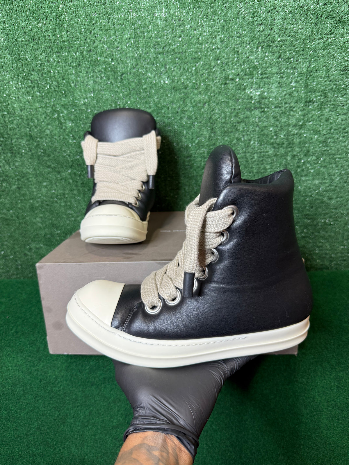 Rick OWENS jumbo lace padded sneaks ‘black milk’